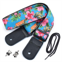 Cloudmusic Ukulele Strap Tenor Concert Soprano Baritone Coloful Hawaii Floral Patterns For Adult Size Kids(Pink Hibiscus In Blue)