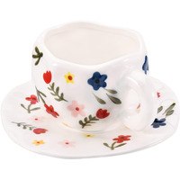 Koythin Ceramic Coffee Mug, Cute Pink Cup For Women With Saucer For Office And Home, Dishwasher And Microwave Safe, 10 Oz/300 Ml For Latte Tea Milk (White Floret)