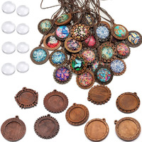 Tobeit 36Pcs Bezel Pendant Trays Round Wooden And Glass Cabochon Round Clear Dome For Diy Crafting Photo Jewelry Making