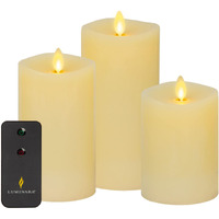 Luminara Realistic Artificial Moving Flame Pillar Candles - Set Of 3 - Melted Top Edge, Led Battery Operated Lights - Unscented - Remote Included- Ivory - 3" X 4.5", 3" X 5.5", 3" X 6.5"