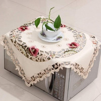 Lelehome Embroidered Lace Beige Tablecloth, 33 Inch Square Vintage Rufous Red Flower Classic Doily Small Dining Table Cloth Cabinet Cover, Square 85 X 85 Cm (33" X 33")