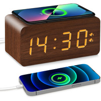 Urayco Wooden Digital Alarm Clock, 10W Fast Wireless Charger Station & Usb Charging Port, With Stepless Dimmer, Dual Alarm, Weekday/Weekend Mode, Wood Led Clock For Bedroom, Desk, Office