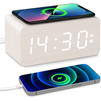 Urayco Wooden Digital Alarm Clock, 10W Fast Wireless Charger Station & Usb Charging Port, With Stepless Dimmer, Dual Alarm, Weekday/Weekend Mode, Wood Led Clock For Bedroom, Desk, Office