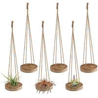 6 Pcs Hanging Wooden Air Plant Holder - 3" Round Wooden Air Plant Hanger With Jute Ropes, Rustic Air Plant Stand Tillandsia Succulent Display Container For Home Office Decor (Plants Not Included)