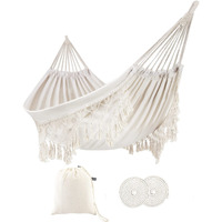 Rooity Indoor Hammock With Macrame Fringe For 2 Persons,Double Boho Hammocks With Tassels,Portable Cotton Rope Hamaca Swing With Travel Bag For Outside,Porch,Garden,Patio,Backyard,Up To 500Lbs White