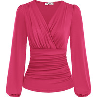 Women Ruched Blouse Lantern Long Sleeve Pleated Top Elegant Office Shirt Solid Slim Fitted Wrap Tops Rose Red Xl