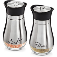 Stainless Steel Salt And Pepper Shaker Set With Glass Bottom, Perforated "S" And "P" Caps - Modern Kitchen Counter Decor (4Oz)