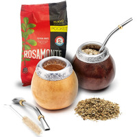 Balibetov Yerba Mate Set - 2 Gourds, 2 Bombillas, 1 Cleaning Brush, 100Gr Loose Leaf - Dark Brown