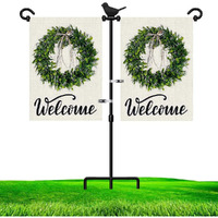Lairies Garden Flag Stand Holder For Double Flags With Bird Garden Flag Stopper And Anti-Wind Clip 37H X 30W Black Wrought Iron Yard Season Flag Pole For 2 Flags Outdoor
