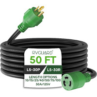 Rvguard 3 Prong 30 Amp 50 Foot Generator Extension Cord, Nema L5-30P/L5-30R 125V 10 Gauge Sjtw Generator Power Cord With Cord Organizer, Etl Listed