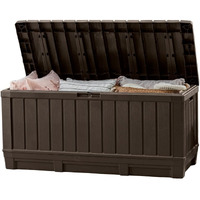 Keter Kentwood 92 Gallon Resin Deck Box-Organization And Storage For Patio Furniture Outdoor Cushions, Throw Pillows, Garden Tools And Pool Toys, Brown