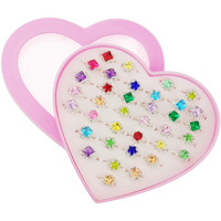 Sunmall 36 Pcs Little Girl Adjustable Rhinestone Gem Rings In Box, Children Kids Jewelry Rings Set With Heart Shape Display Case, Girl Pretend Play And Dress Up Rings For Kids