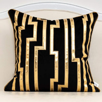 Alerfa 20 X 20 Inches Black Geometric Gold Leather Striped Cushion Cases Luxury European Throw Pillow Covers Decorative Pillows For Couch Living Room Bedroom Car 50 X 50Cm