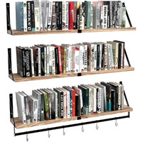 33-Inch Large Wall Bookshelf With Towel Bar, Set Of 3 Floating Wood Shelves For Wall Storage, Perfect For Bedroom, Bathroom, Living Room, Kitchen, Office And Plants (Carbonized Black)