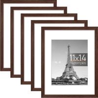 Upsimples 11X14 Picture Frame Set Of 5, Display Pictures 8X10 With Mat Or 11X14 Without Mat, Wall Gallery Photo Frames, Brown