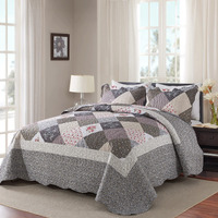 Honeilife Quilt Set Queen Size - 3 Pieces Queen Quilt Bedding Set Microfiber Quilt Sets Lightweight Bedspreads Reversible Coverlets Retro Bed Cover Floral Bedding Set All Season Quilts-Grey
