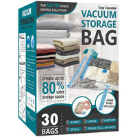 30 Pack Vacuum Storage Bags, Space Saver Bags (6 Jumbo/6 Large/6 Medium/6 Small/6 Roll) Compression Storage Bags For Comforters And Blankets, Vacuum Sealer Bags For Clothes Storage, Hand Pump Included