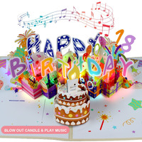 3D Musical Birthday Card, Blowable Led Light Candle, 3D Birthday Popup Cards With Diy 0-9 Numbers, Blow Out Led Light Candle, And Play Happy Birthday Music For Kids Men And Women