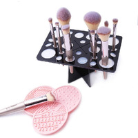 Makeup Brush Cleaning Mat & Makeup Brush Drying Rack, Diolan 28 Holes Makeup Brush Holder, Silicone Rubber Clover Shaped Mat Cleaner - Black & Pink