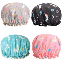 Unicorn Shower Caps, Double Layers Bath Hat For Women To Cover Long And Thick Hair, Reusable Waterproof Bonnet 4 Pack