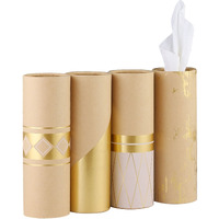 Car Tissue Holder With 3-Ply Facial Tissues Bulk - 4 Pk Gold Foil Cylinder, For Car, Travel Cup Holder, Refill Box Round Container Kraft