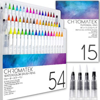 Chromatek 54 Watercolor Pens Set  Including 15 Page Pad & Online Video Tutorial Series  4 Aquapens & 50 Unique Colors  Real Brush Pens  Easily Blendable, Vivid, Smooth  Professional Art Supplies
