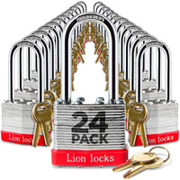 Lion Locks 24 Keyed-Alike Padlocks W/ 2 Long Shackle, 48 Keys, Hardened Steel Case, Pick Resistant Brass Pin Cylinder (24-Pack) For Hasp Latch, Shed, Fence, Gate Chain, Cable, Locker Lock, Gym Door