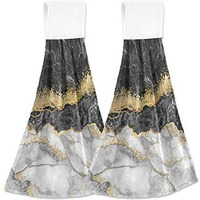 Selerdon Kitchen Hand Towel Black White Marble Gold Foil Hanging Tie Towels 2 Pieces Fast Dry Absorbent Soft Touch Hanging Kitchen Towels Used For Home Kitchen Bathroom Decoration