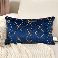 Aeckself 12 X 20 Inch Navy Blue Gold Plaid Geometric Lines Embroidery Velvet Cushion Case Luxury Modern Rectangular Throw Pillow Cover Decorative Pillow For Couch Living Room Bedroom Car
