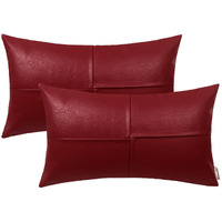 Brawarm Faux Leather Throw Pillow Covers 12 X 20 Inches, Deep Red Leather Lumbar Pillow Covers Pack Of 2, Hand Stitched Leather Decorative Throw Pillows For Couch Sofa Bed Living Room Home Garden