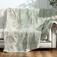 Jinchan Boho 100% Cotton Blanket Fall Muslin Lightweight Twin Size 4-Layer Throw Blanket For Couch Soft All Season Floral Cotton Coverlet Throw Blanket For Living Room Decor Green 60"X80"