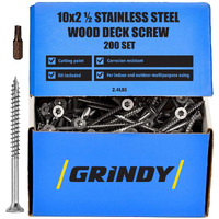 #10 X 2 1/2" Stainless Steel Wood Screws By Grindy (200Pack/2.4Lbs) - Diy Deck Screws For Cabinet, Furniture & Other Projects - Rust & Corrosion Resistant - For Indoor & Outdoor Use