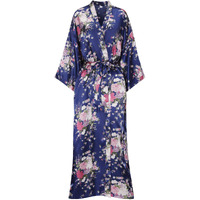 Mizzgenio Women's Plus Size Long Satin Robes Floral Silk Long Robes Plus Size Kimonos Bathrobes Full Length, Navy, 4Xl/5Xl