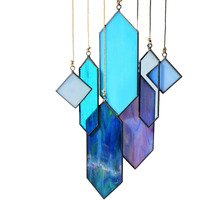 Stained Glass Window Hanging Suncatchers Blue Wall Art - Element Earth Tones Modern Design Home Decor Or Garden Decoration