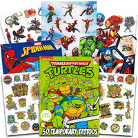 Super Hero Tattoos Party Favors Set - 150 Superhero Temporary Tattoos Featuring Marvel Avengers, Spiderman And Teenage Mutant Ninja Turtles Bundle With Avengers Reward Stickers