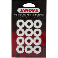 Janome 12 Pack Pre-Wound Plastic Bobbins White Thread