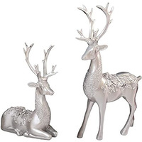 2-Pack Reindeer Figurines Christmas Reindeer Statue Resin Sitting Standing Deer Ornament For Xmas Home Office Dcor - Silver