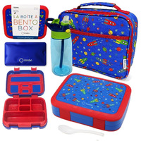 Kinsho Bento Lunch Box, Water Bottle, Ice Pack Set For Kids Toddlers, 5 Portion Sections, Removable Plastic Tray, Pre-School Kid Toddler Daycare Lunches, Snack Container, Blue Space Rocket