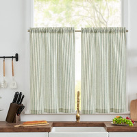 Jinchan Kitchen Curtains Striped Tier Curtains Ticking Stripe Linen Curtains Pinstripe Cafe Curtains 45 Inch Length Short Farmhouse Curtains For Bathroom Living Room Rv Rustic 2 Panels Sage On Beige