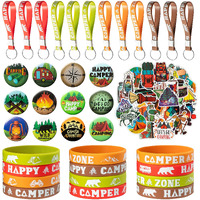 Angolio 84Pcs Spring Camping Party Favors Kit Happy Camper Party Gifts Silicone Bracelets Stickers Keychains Badges For Kids Friends Summer School Camping Adventure Birthday Party