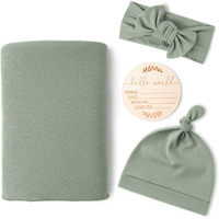 Konssy Baby Girl Newborn Receiving Blanket With Matching Headband And Beanie Set Baby Swaddle Nursery Swaddle Wrap(Light Green)