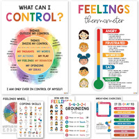 8 Pcs Mental Health Posters For Kids (10"X14") Therapy Office Decor, Feeling Wheel Poster, What Can I Control, Emotions Chart Kids Inspirational Wall Art, Classroom School Counselor Psychologist Decor