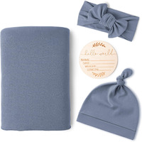 Konssy Baby Girl Newborn Receiving Blanket With Matching Headband And Beanie Set Baby Swaddle Nursery Swaddle Wrap(Blue)