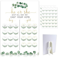 Greenery Baby Gender Reveal Board With Stand(12X17), 60 Eucalyptus Leaf Boy Girl Voting Stickers,He Or She, Cast Your Vote Game, Sage Green Neutral Gender Reveal Party Centerpiece Decorations