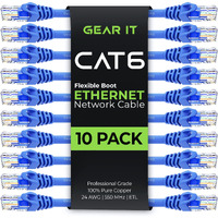 Gearit 10-Pack Cat6 Patch Cable 1 Foot Cat 6 Ethernet Cable Snagless Flexible Soft Tab - Preimum Series - Blue