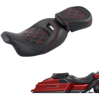 Low-Profile Driver Passenger 2-Up Seat Set Red Stitching Fit For Harley Touring Road King Flhr Street Glide Flhx 2009-Later Road Glide Fltrx Cvo Street Glide Flhxse Electra Glide Flhtcu
