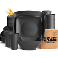 Teivio 32-Piece Plastic Wheat Straw Square Dinnerware Set For 8, Unbreakable Dinner Plates, Salad Plates, Snack Bowls, Tumblers 20 Oz, Dishwasher Safe, Black