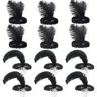 Tongcloud 12Pcs 1920S Flapper Headband, Costume Flapper Headpiece For Women, Black Feather Headband, Great Gatsby 1920S Hair Accessory, Vintage Headpiece For Gatsby Theme Party (Black)