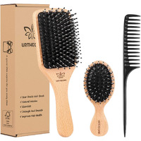 Boar Bristle Hair Brush And Comb Set For Women Men Kids, Best Natural Wooden Paddle Hairbrush And Small Travel Styling Brush For Wet Or Dry Hair Detangling Smoothing Massaging