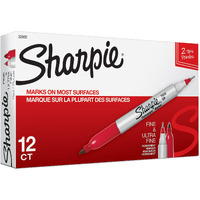 Sharpie Twin Tip Permanent Markers, Fine And Ultra Fine, Red, 12 Count
